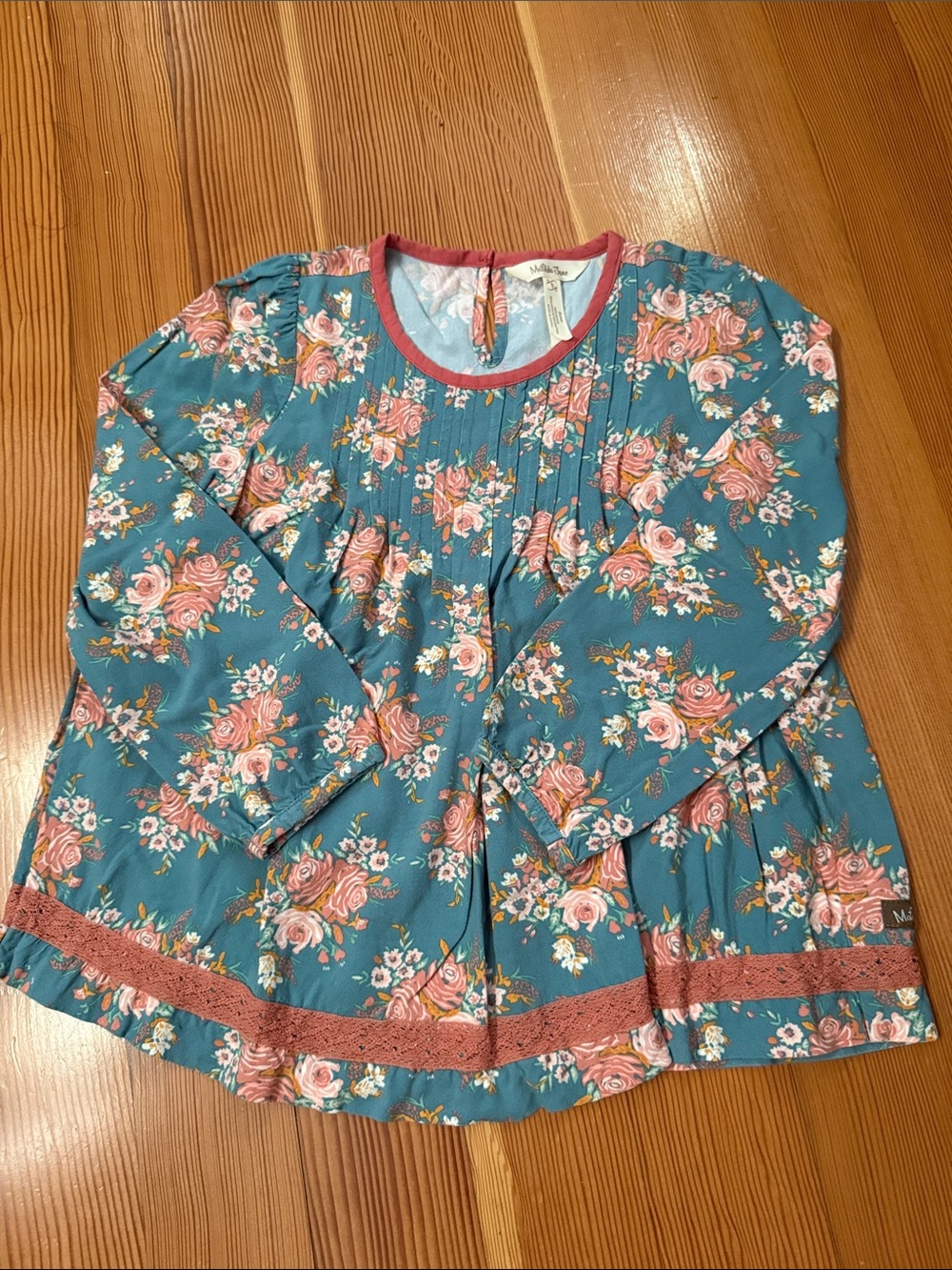 Matilda Jane Teal Floral Long-Sleeve Peplum Top with Pink Trim